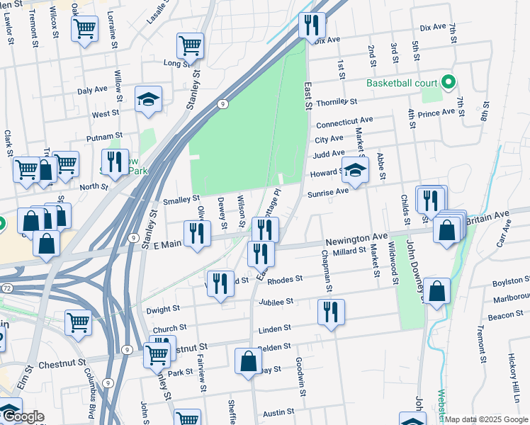map of restaurants, bars, coffee shops, grocery stores, and more near 32 Cottage Place in New Britain