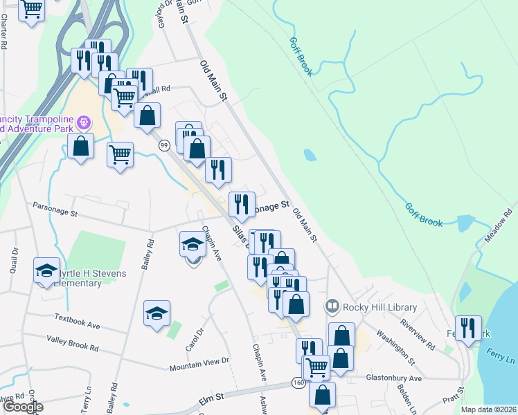 map of restaurants, bars, coffee shops, grocery stores, and more near 7 Colonial Drive in Rocky Hill