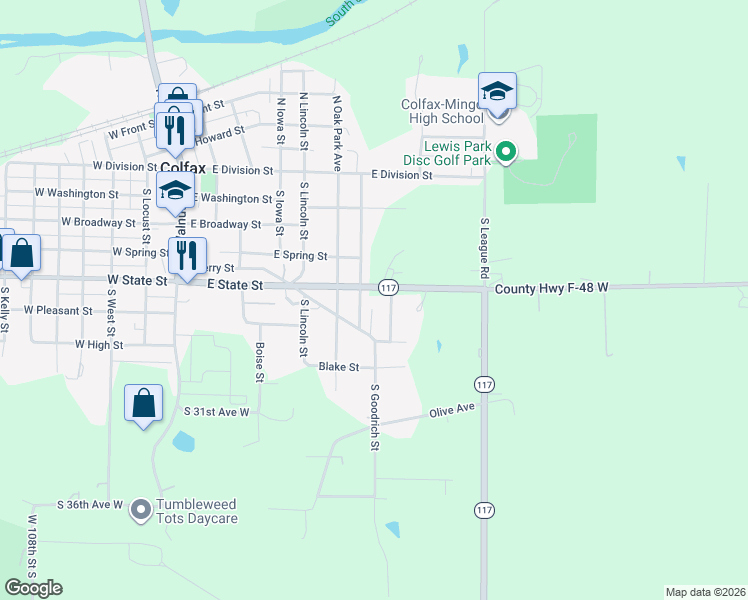 map of restaurants, bars, coffee shops, grocery stores, and more near 605 East State Street in Colfax