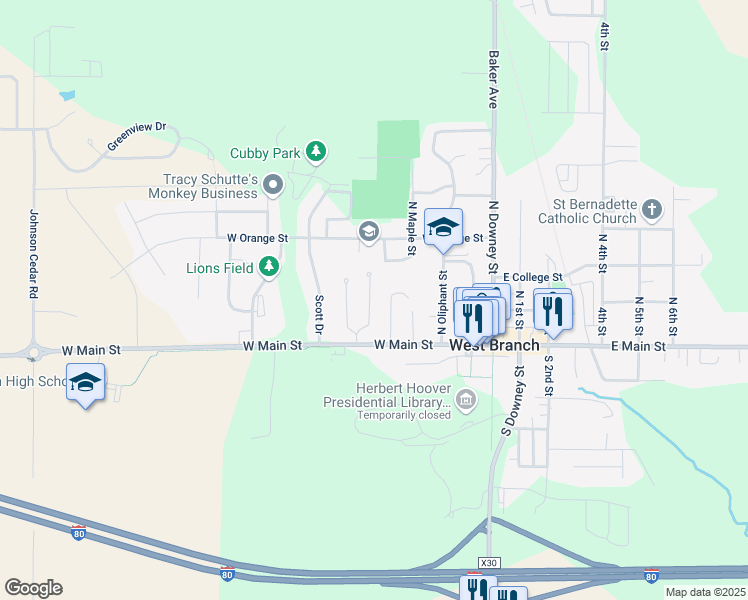 map of restaurants, bars, coffee shops, grocery stores, and more near 127 Thomas Street in West Branch