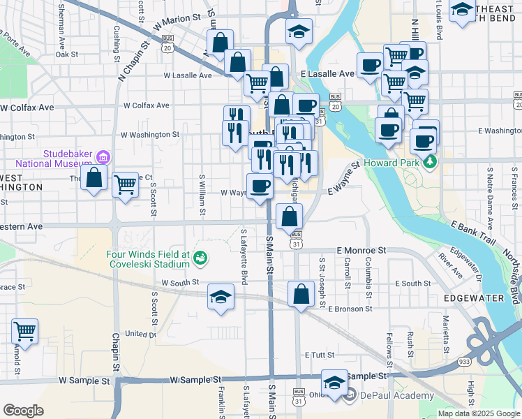 map of restaurants, bars, coffee shops, grocery stores, and more near 322 South Lafayette Boulevard in South Bend