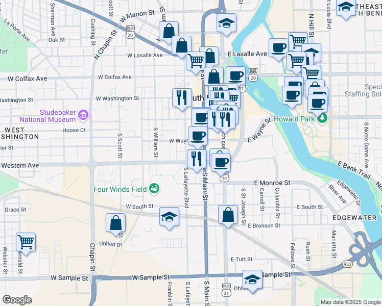 map of restaurants, bars, coffee shops, grocery stores, and more near 322 South Lafayette Boulevard in South Bend