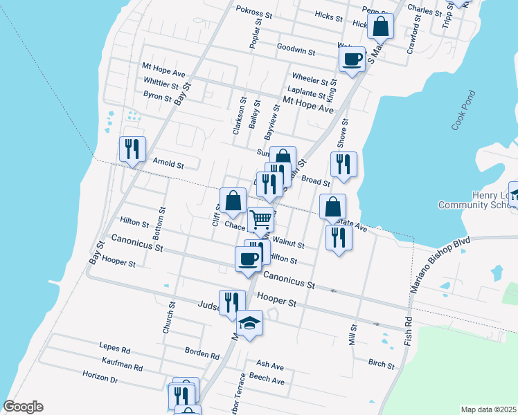 map of restaurants, bars, coffee shops, grocery stores, and more near 10 Audet Street in Tiverton