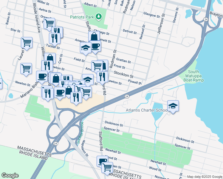 map of restaurants, bars, coffee shops, grocery stores, and more near 507 Anthony St in Fall River