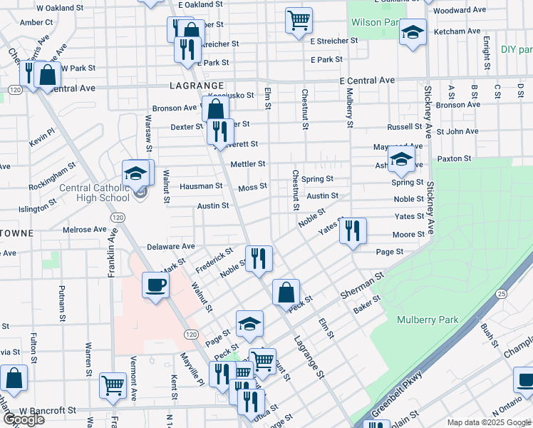 map of restaurants, bars, coffee shops, grocery stores, and more near 339 Palmer Street in Toledo