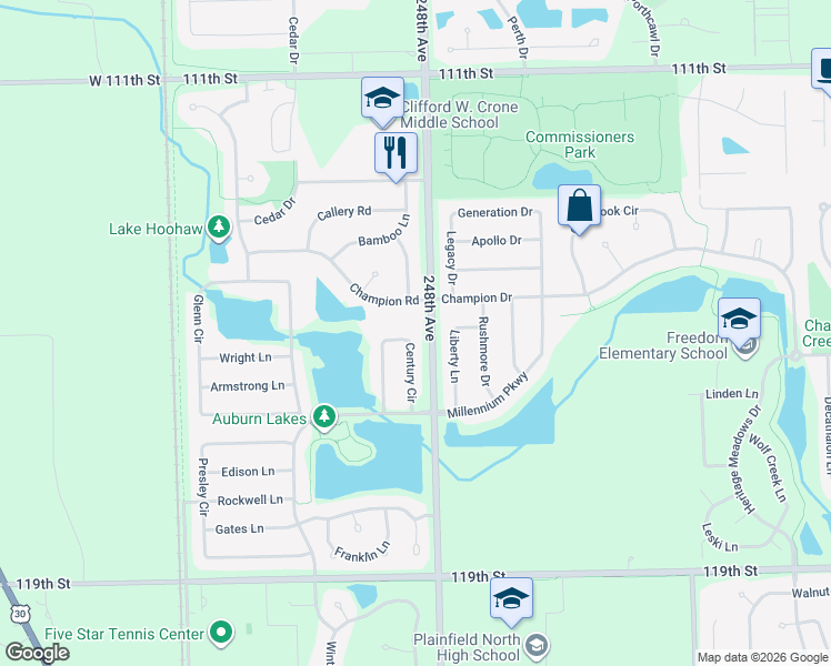 map of restaurants, bars, coffee shops, grocery stores, and more near 11608 Century Circle in Plainfield