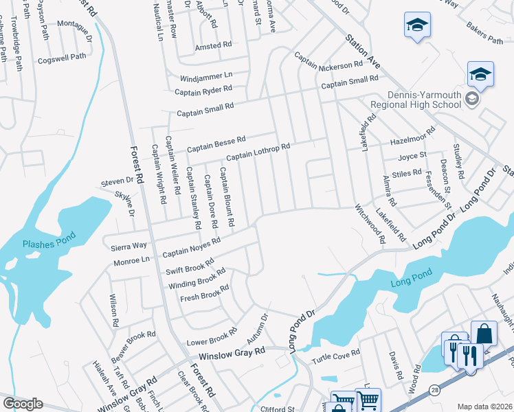 map of restaurants, bars, coffee shops, grocery stores, and more near 43 Captain Daniel Road in Yarmouth