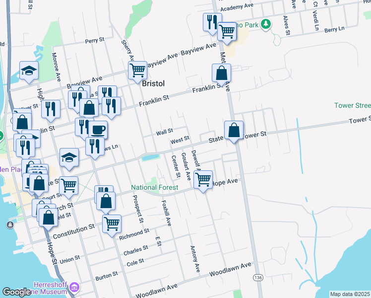 map of restaurants, bars, coffee shops, grocery stores, and more near 300 State Street in Bristol