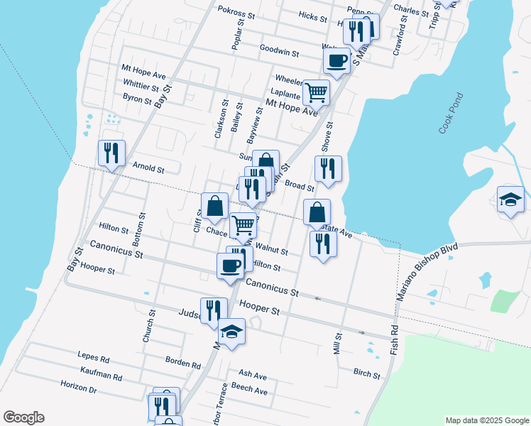 map of restaurants, bars, coffee shops, grocery stores, and more near 283 State Avenue in Tiverton