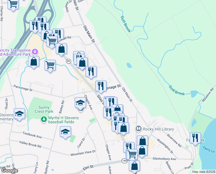 map of restaurants, bars, coffee shops, grocery stores, and more near 10 Colonial Drive in Rocky Hill