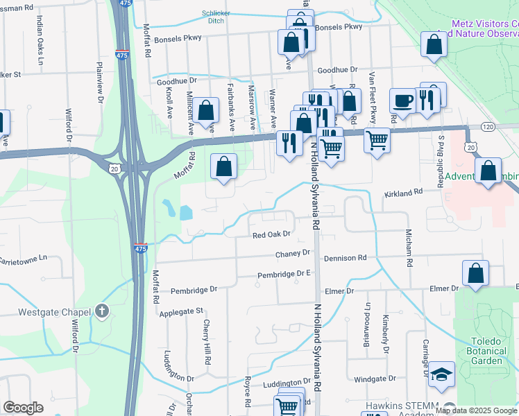 map of restaurants, bars, coffee shops, grocery stores, and more near 6034 Black Oak Drive in Toledo