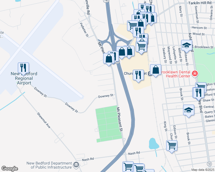 map of restaurants, bars, coffee shops, grocery stores, and more near 22 Cox Street in New Bedford