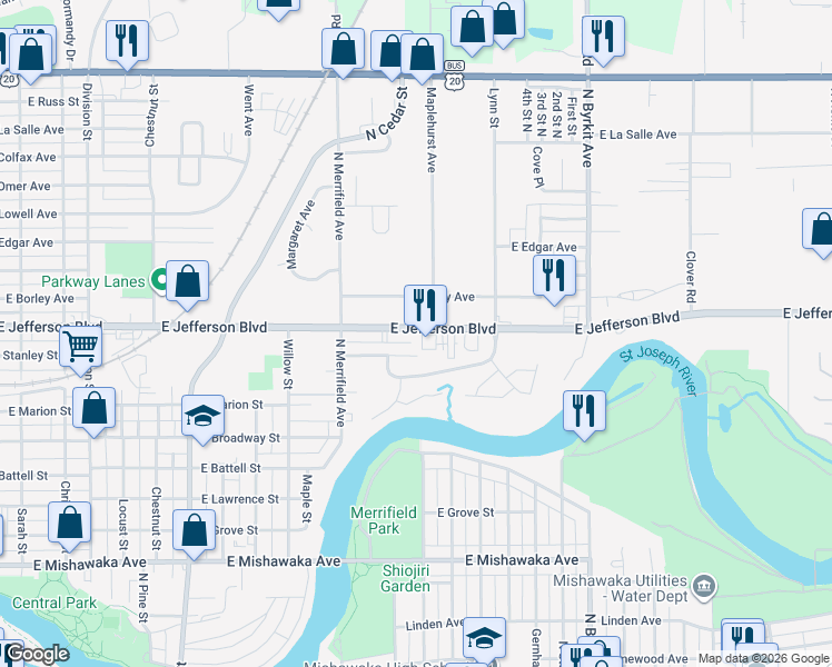 map of restaurants, bars, coffee shops, grocery stores, and more near 1225 East Jefferson Boulevard in Mishawaka
