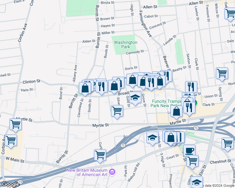 map of restaurants, bars, coffee shops, grocery stores, and more near Broad Street & Silver Street in New Britain