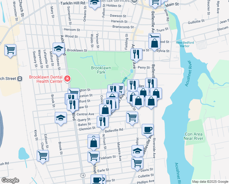 map of restaurants, bars, coffee shops, grocery stores, and more near 27-29 Princeton Street in New Bedford