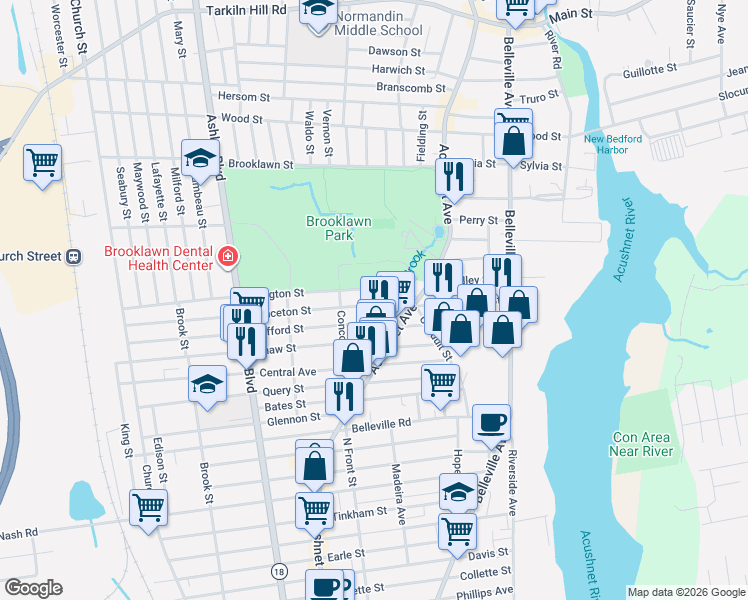 map of restaurants, bars, coffee shops, grocery stores, and more near 27-29 Princeton Street in New Bedford