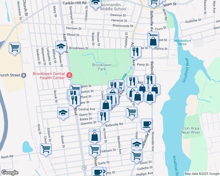 map of restaurants, bars, coffee shops, grocery stores, and more near 27-29 Princeton Street in New Bedford