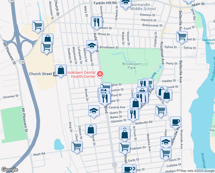 map of restaurants, bars, coffee shops, grocery stores, and more near 528 Ashley Boulevard in New Bedford