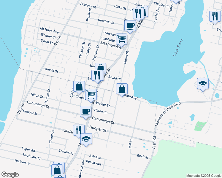 map of restaurants, bars, coffee shops, grocery stores, and more near 83 Clement Street in Fall River