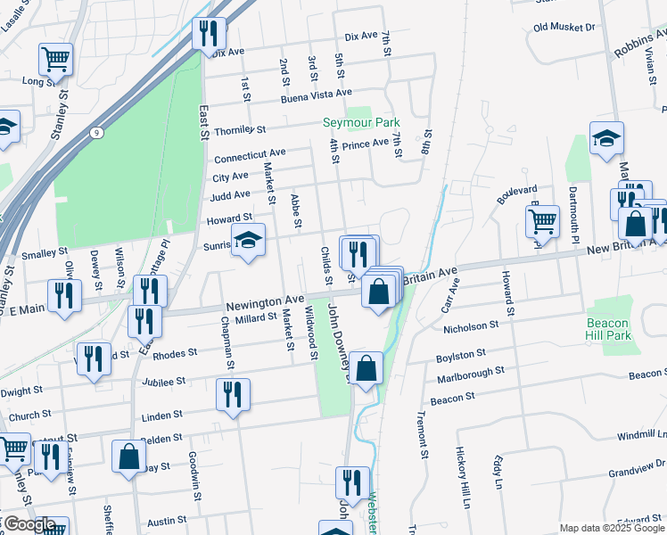 map of restaurants, bars, coffee shops, grocery stores, and more near 31 Childs Street in New Britain