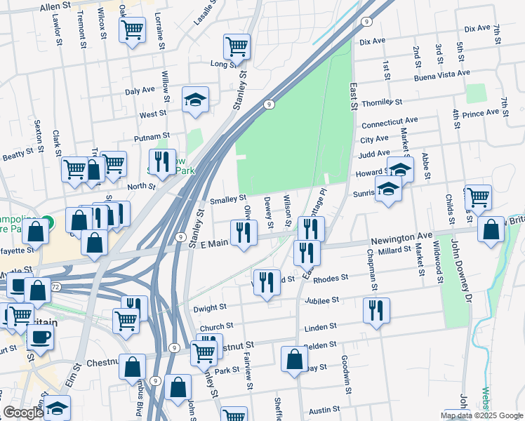 map of restaurants, bars, coffee shops, grocery stores, and more near 47 Olive Street in New Britain