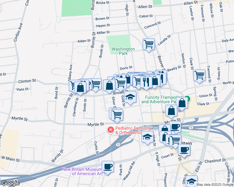 map of restaurants, bars, coffee shops, grocery stores, and more near 185 Broad Street in New Britain