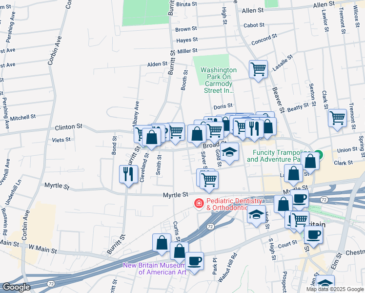 map of restaurants, bars, coffee shops, grocery stores, and more near 223 Broad Street in New Britain