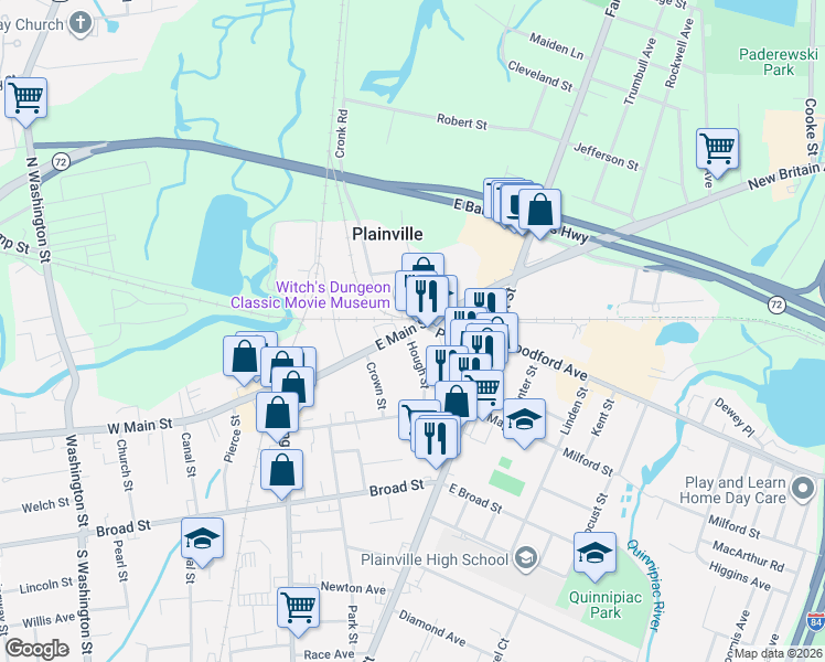 map of restaurants, bars, coffee shops, grocery stores, and more near 98 East Main Street in Plainville