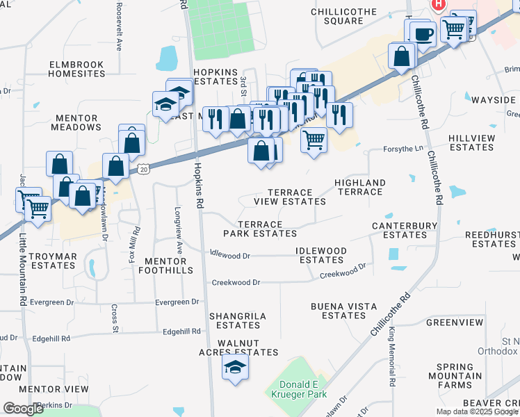 map of restaurants, bars, coffee shops, grocery stores, and more near 7309 Scottsdale Circle in Mentor