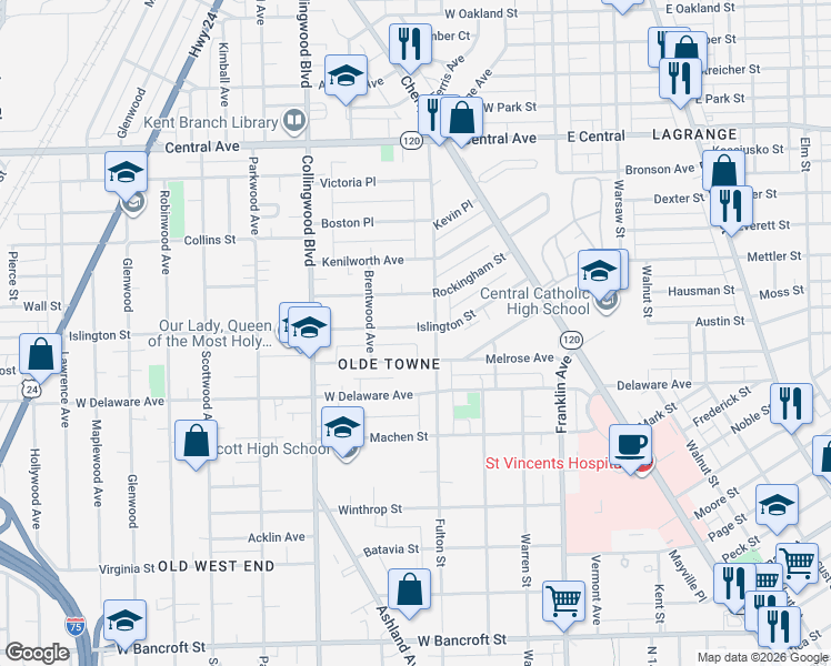 map of restaurants, bars, coffee shops, grocery stores, and more near 323 Islington Street in Toledo