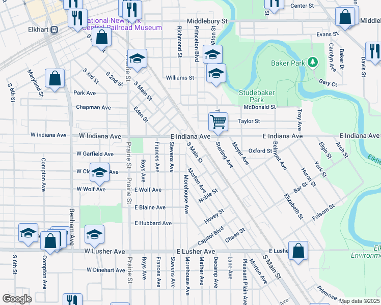 map of restaurants, bars, coffee shops, grocery stores, and more near 1500 Morehouse Avenue in Elkhart