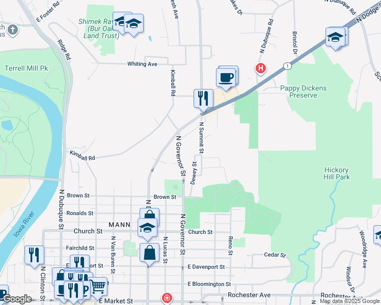 map of restaurants, bars, coffee shops, grocery stores, and more near 1018 North Governor Street in Iowa City