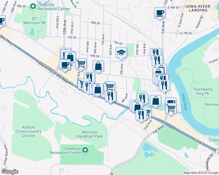 map of restaurants, bars, coffee shops, grocery stores, and more near 409 6th Avenue in Coralville