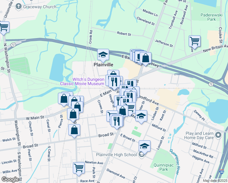 map of restaurants, bars, coffee shops, grocery stores, and more near 98 East Main Street in Plainville