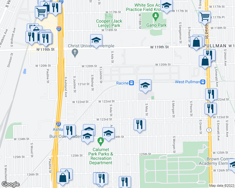 map of restaurants, bars, coffee shops, grocery stores, and more near 12134 South Throop Street in Chicago
