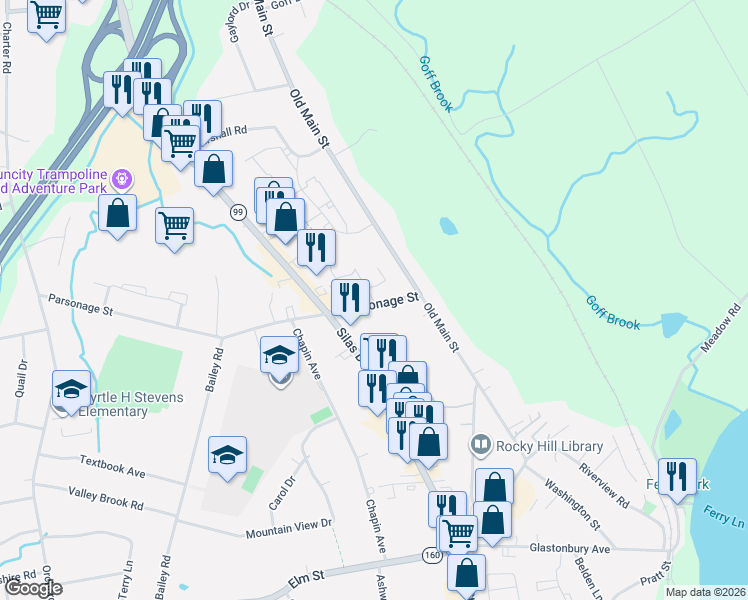 map of restaurants, bars, coffee shops, grocery stores, and more near 11 Colonial Drive in Rocky Hill