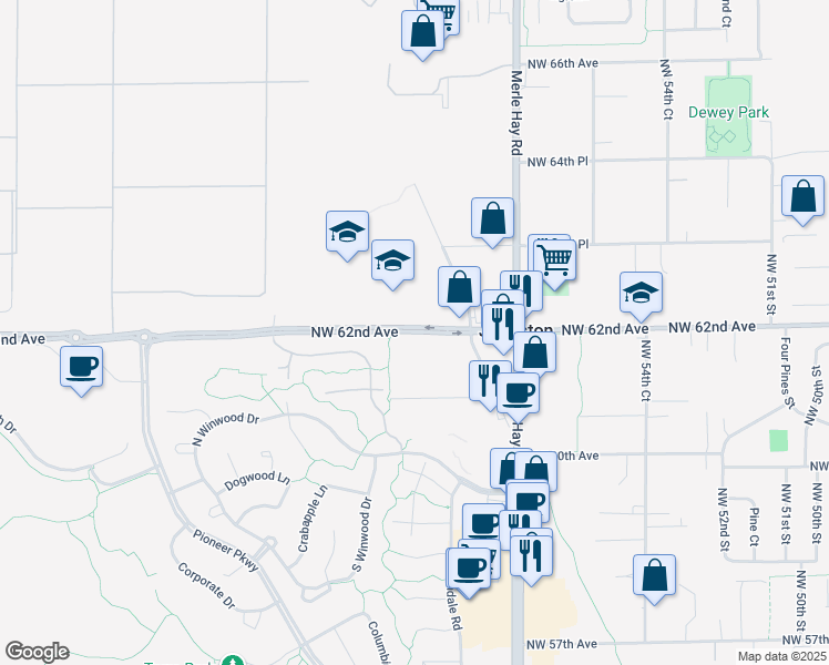 map of restaurants, bars, coffee shops, grocery stores, and more near 6080 Northwest 62nd Avenue in Johnston