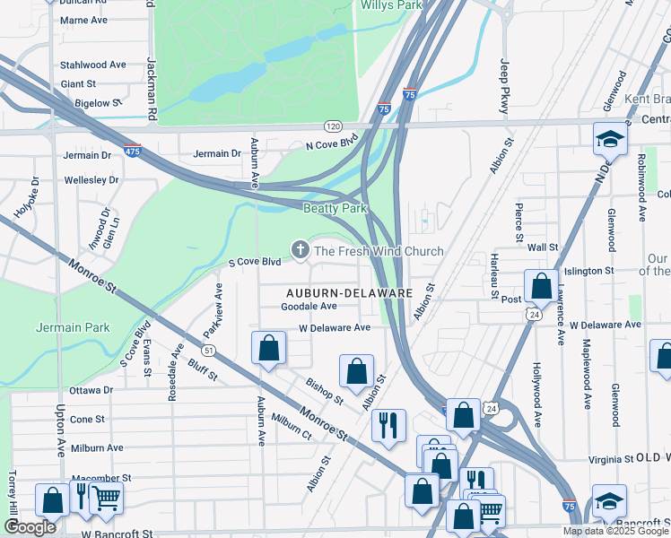 map of restaurants, bars, coffee shops, grocery stores, and more near 1325 Thatcher Drive in Toledo