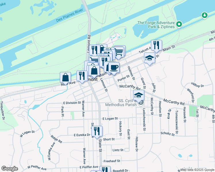 map of restaurants, bars, coffee shops, grocery stores, and more near 325 Lemont Street in Lemont