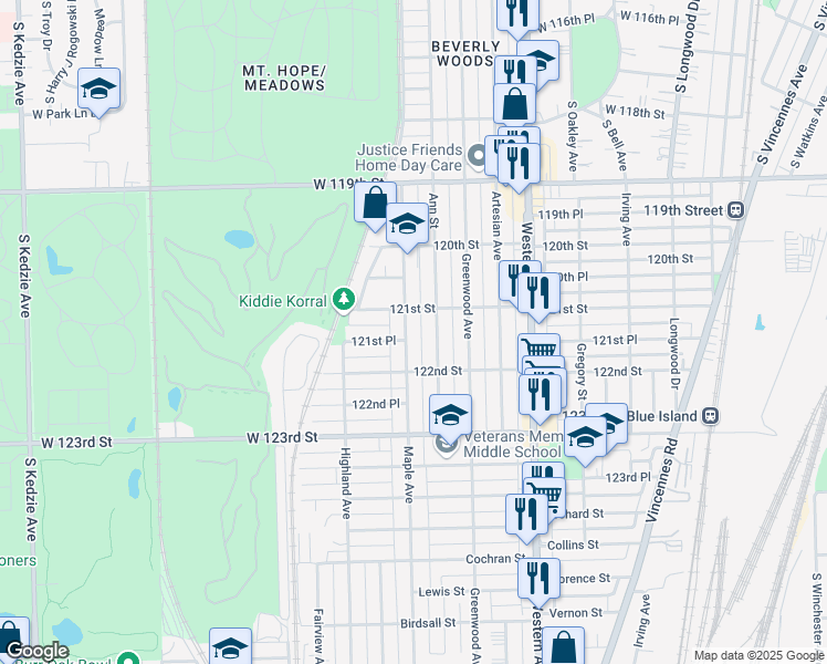 map of restaurants, bars, coffee shops, grocery stores, and more near 12123 Maple Avenue in Blue Island