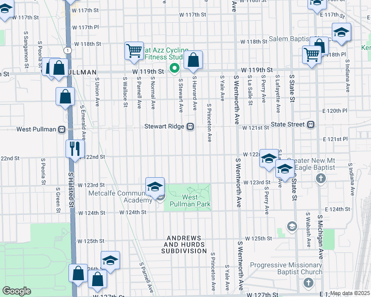 map of restaurants, bars, coffee shops, grocery stores, and more near 12145 South Stewart Avenue in Chicago