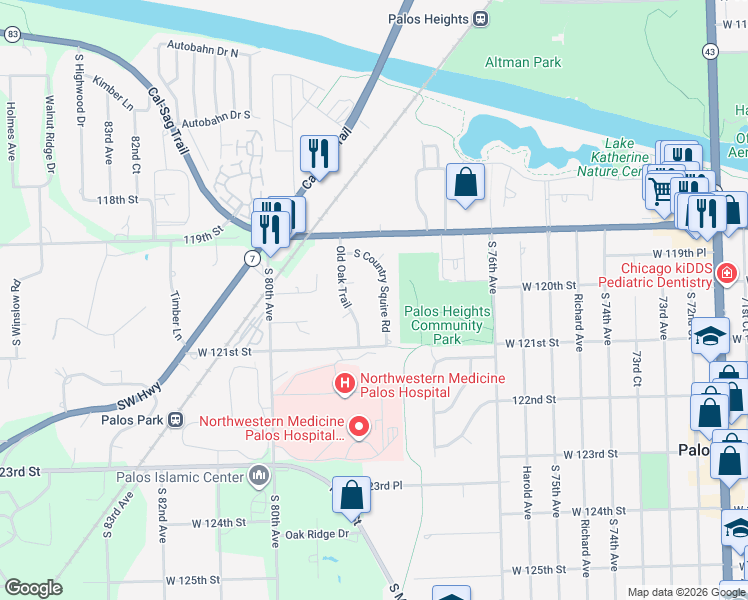 map of restaurants, bars, coffee shops, grocery stores, and more near 36 South Country Squire Road in Palos Heights