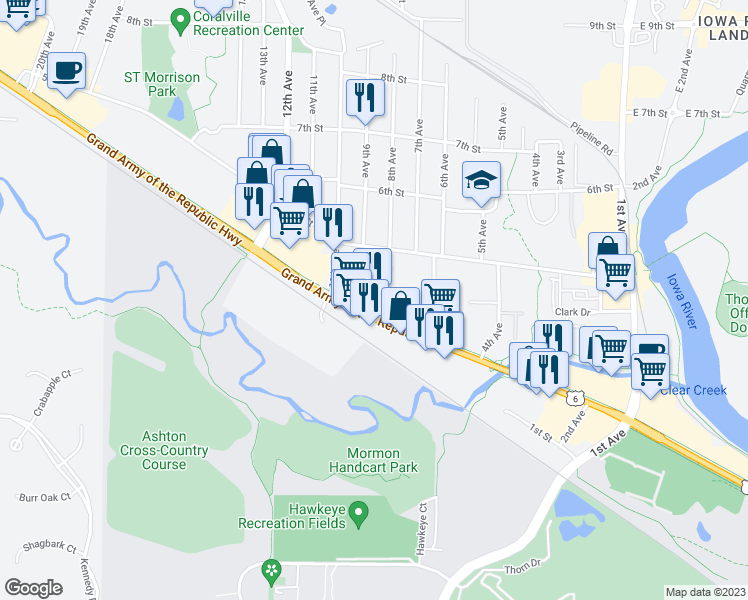 map of restaurants, bars, coffee shops, grocery stores, and more near 805 2nd Street in Coralville