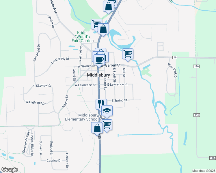 map of restaurants, bars, coffee shops, grocery stores, and more near 207 East Lawrence Street in Middlebury