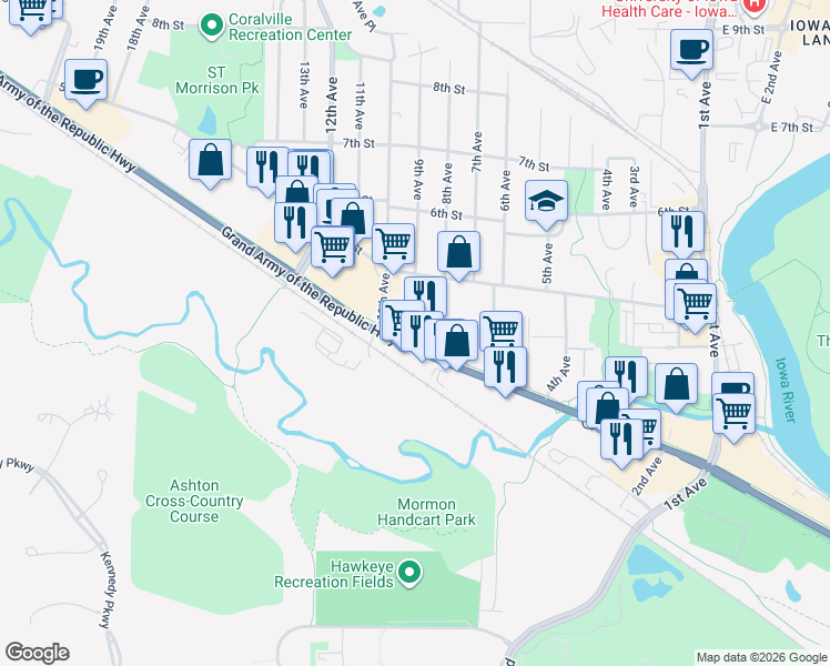 map of restaurants, bars, coffee shops, grocery stores, and more near 805 2nd Street in Coralville