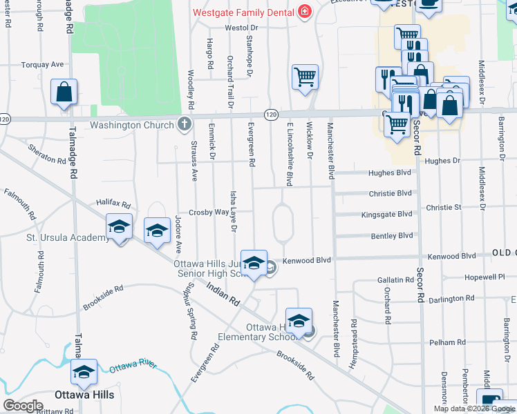 map of restaurants, bars, coffee shops, grocery stores, and more near 2804 Evergreen Road in Toledo