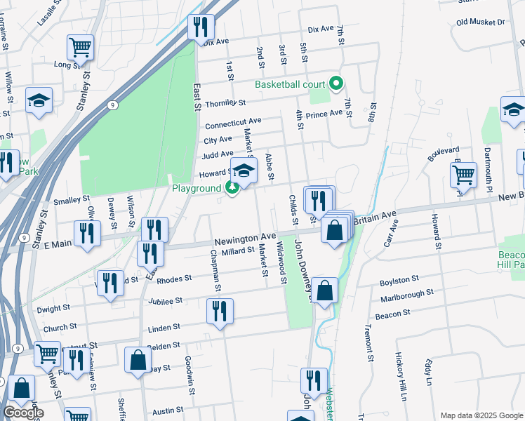 map of restaurants, bars, coffee shops, grocery stores, and more near 129 Market Street in New Britain