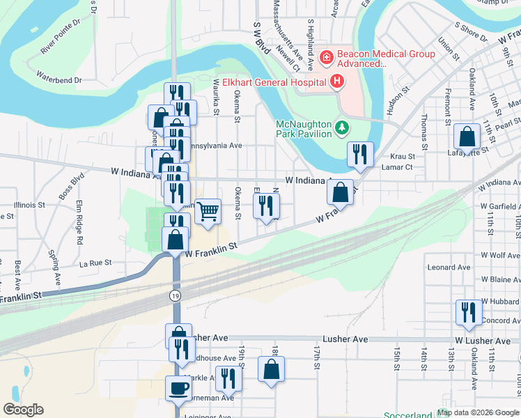 map of restaurants, bars, coffee shops, grocery stores, and more near 1917 Illinois Street in Elkhart