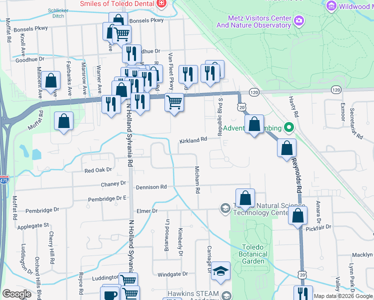 map of restaurants, bars, coffee shops, grocery stores, and more near 5656 Pheasant Hollow Drive in Toledo