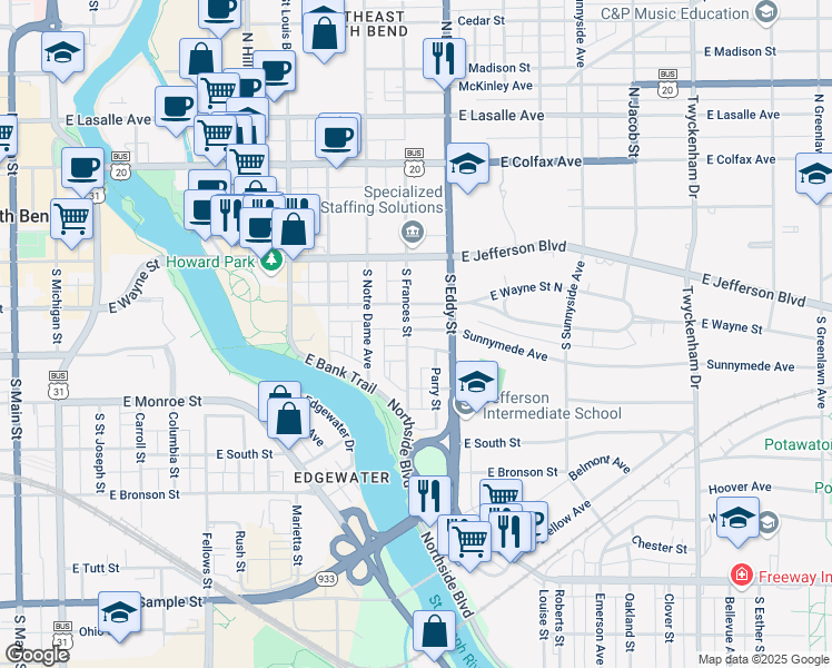 map of restaurants, bars, coffee shops, grocery stores, and more near 1004 Quimby Street in South Bend